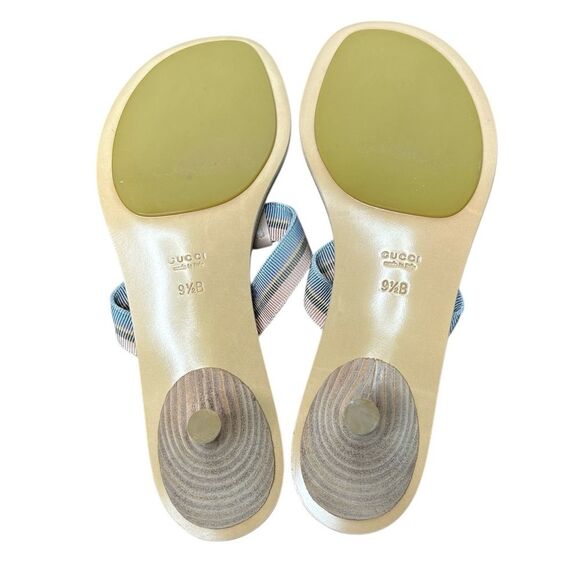GUCCI GG Kitten Heel Beige Sandals Web Canvas Pink Blue Striped Thong Size 9.5 - Picture 7 of 9